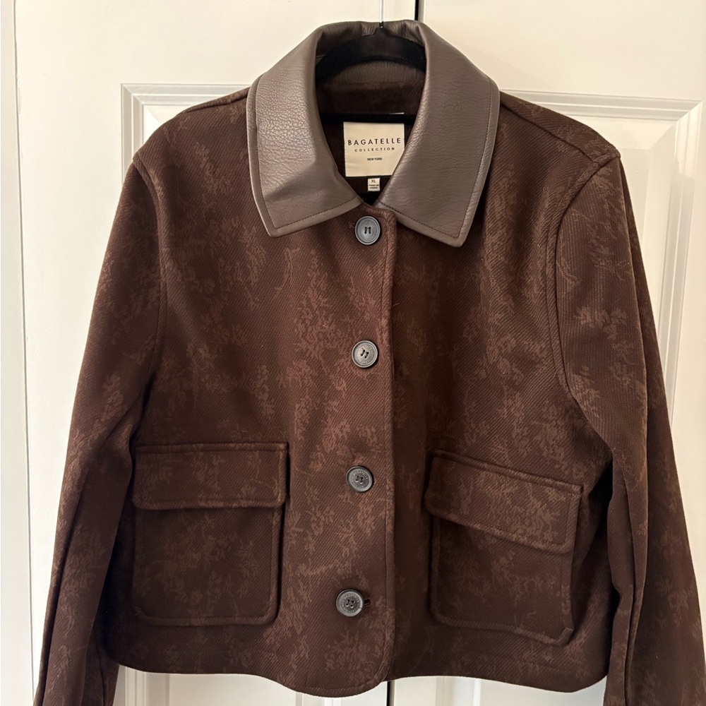 bagatelle Brown Textured Bomber Jacket with Dark Taupe Leather Collar